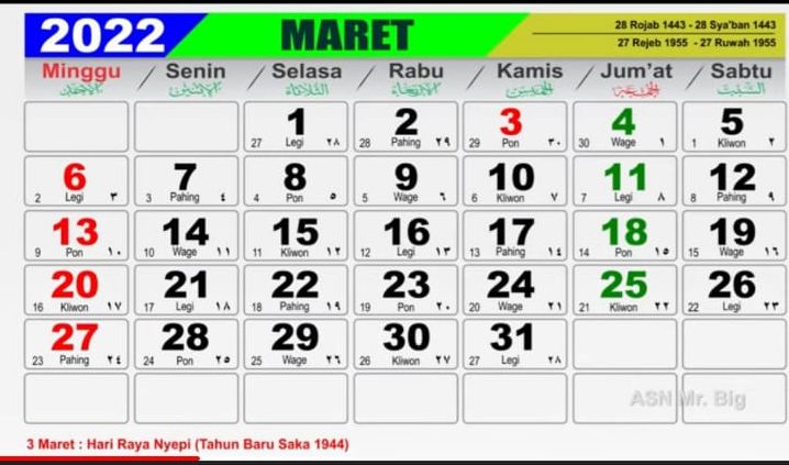 Maret lengkap kalender 2022 Kalender Tahun