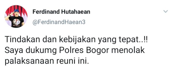 Cuitan Ferdinand Hutahaean yang mendukung keputusan Polres Bogor tak memberi izin acara Reuni 212 di Masjid Az Zikra Sentul.