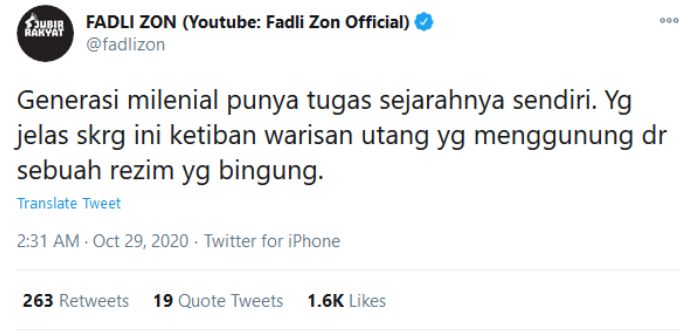 Tangkapan layar, Fadli Zon singgung soal generasi milenial di akun Twitternya