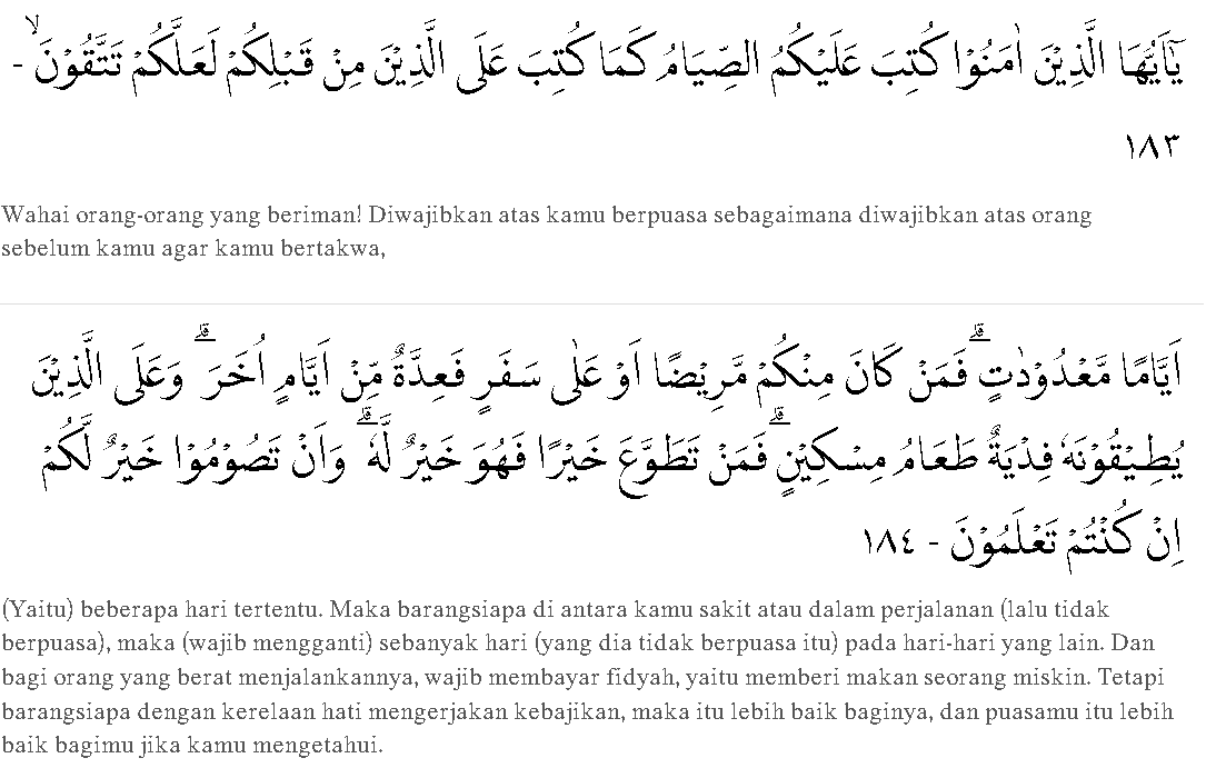 Al Qur'an Surat Al Baqarah ayat 183-184.