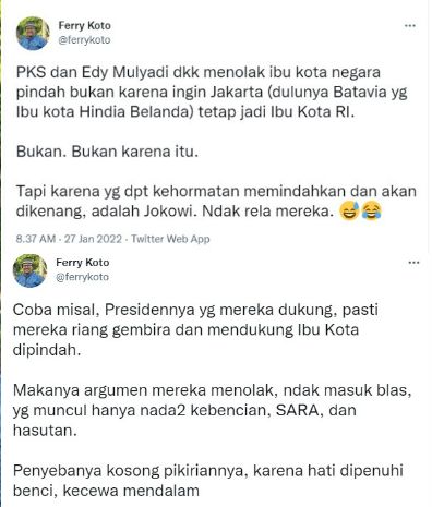 Cuitan Ferry Koto soal PKS dan Edy Mulyadi yang menolak perihal Ibu Kota Negara (IKN) Nusantara.