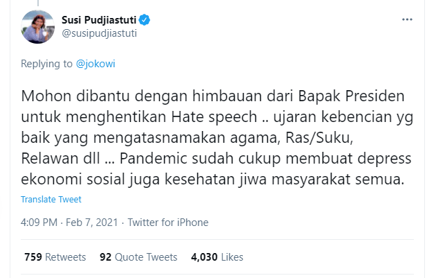 Susi Pudjiastuti meminta tolong Presiden Jokowi untuk hentikan ujaran kebencian