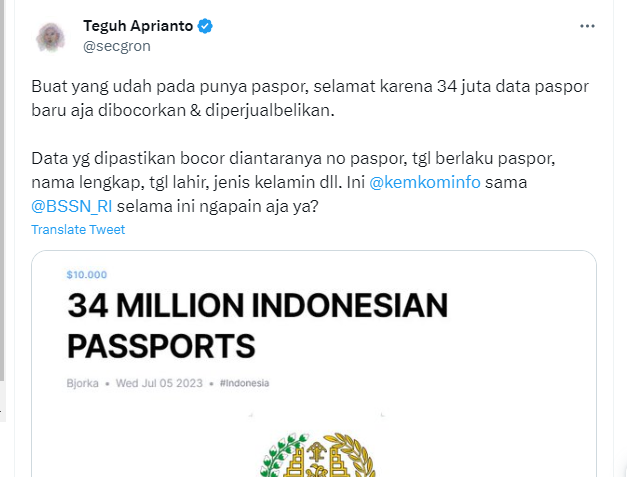 Beredar kabar adanya dugaan data paspor Warga Negara Indonesia (WNI) bocor dan diperjualbelikan