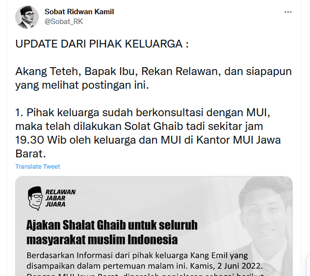 Unggahan Twitter Sobat Ridwan Kamil tentang ajakan salat gaib dari MUI Jabar kepada Eril.