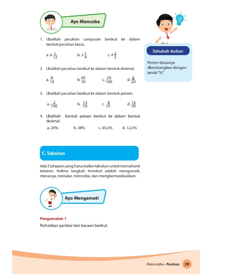 Kunci Jawaban Matematika Kelas 4 SD MI Halaman 29: Mengubah Pecahan ke dalam Bentuk Pecahan Biasa, Persen dan Desimal 