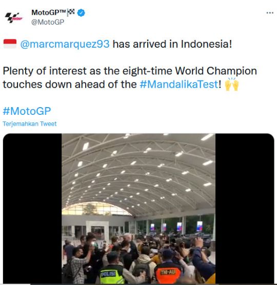 Unggahan Twitter MotoGP soal kedatangan Mac Marquez di Indonesia jelang MotoGP 2022 di Sirkuit Mandalika.