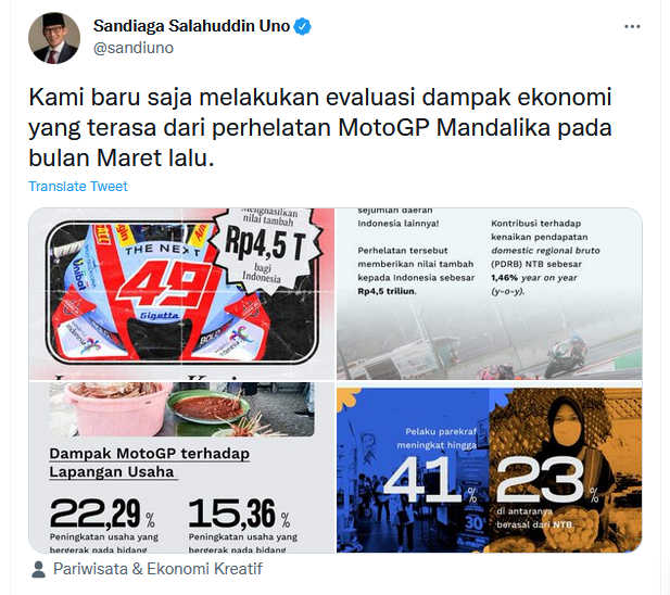 Unggahan Sandiaga Uno tentang dampak ekonomi MotoGP Mandalika.