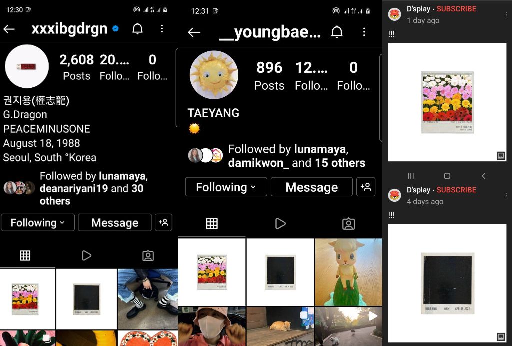 Teaser comeback BIGBANG masih terlihat di akun Instagram G-Dragon, Taeyang dan YouTube Daesung.