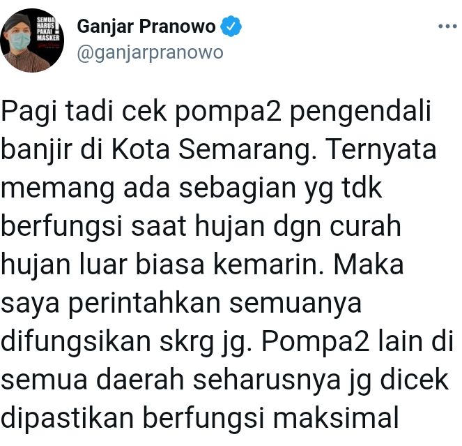 Tangkapan layar Twitter Gubernur Jateng Ganjar Pranowo mengenai banjir di Semarang