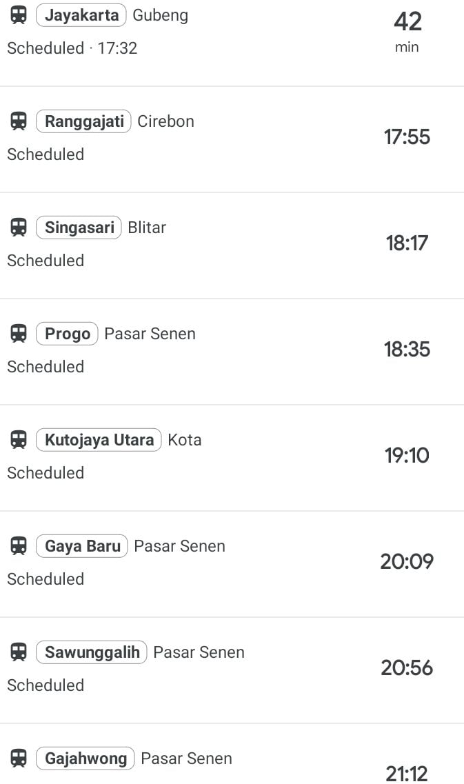 Jadwal kereta api dari Purwokerto menuju ke kota lain di Pulau Jawa