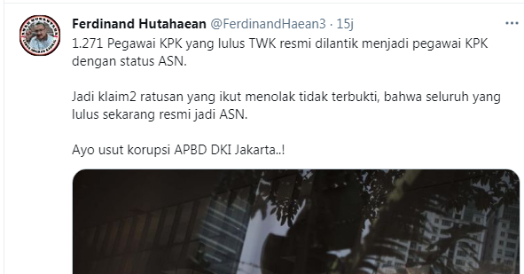 Ferdinand Hutahaean menyuarakan agar KPK segera usut dugaan kasus korupsi APBD Jakarta