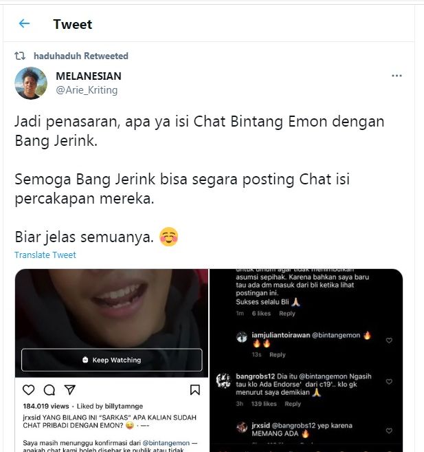 Arie Kriting kepo dengan isi chat Bintang Emon dan Jerinx