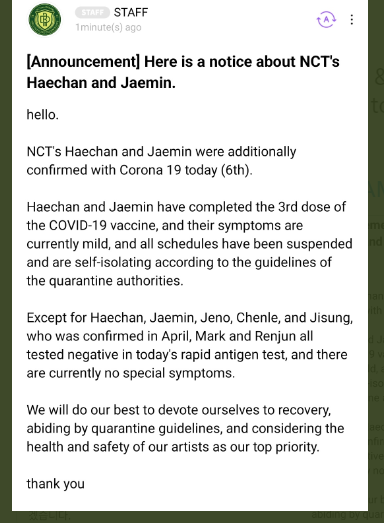 Haechan dan Jaemin terkonfirmasi positif Covid-19.
