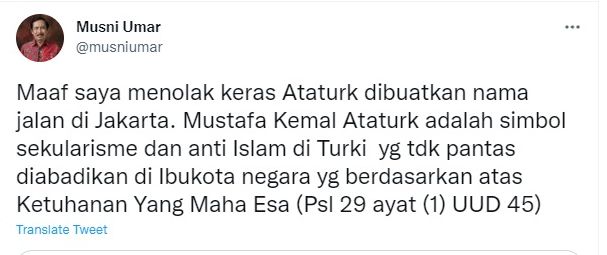 Cuitan Musni Umar soal penamaan jalan dengan tokoh Mustafa Kembal Ataturk di Jakarta.