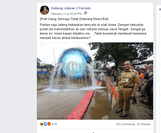 Kabar hoax banjir di Jawa Tengah adalah ulah Anies yang memindahkan air dari Jakarta ke Jawa Tengah 