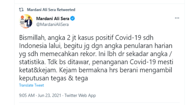 Cuitan Mardani Ali Sera yang menanggapi terkait jumlah kasus Covid--19 di Indonesia yang telah melampaui 2 juta kasus.