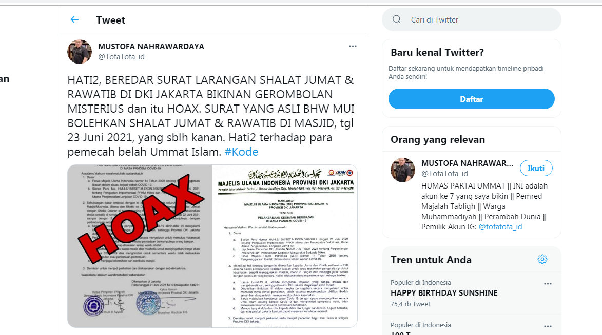 Unggahan Mustofa Nahrawardaya tentang adanya larangan MUI DKI Jakrta terkait pelaksanaan shalat Jumat di Twitter
