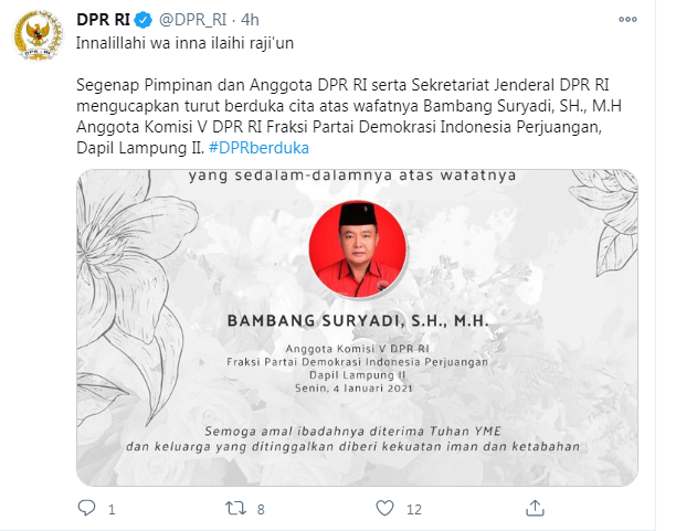 Unggahan kabar duka meninggalnya anggota DPR Ri Bambang Suryadi.