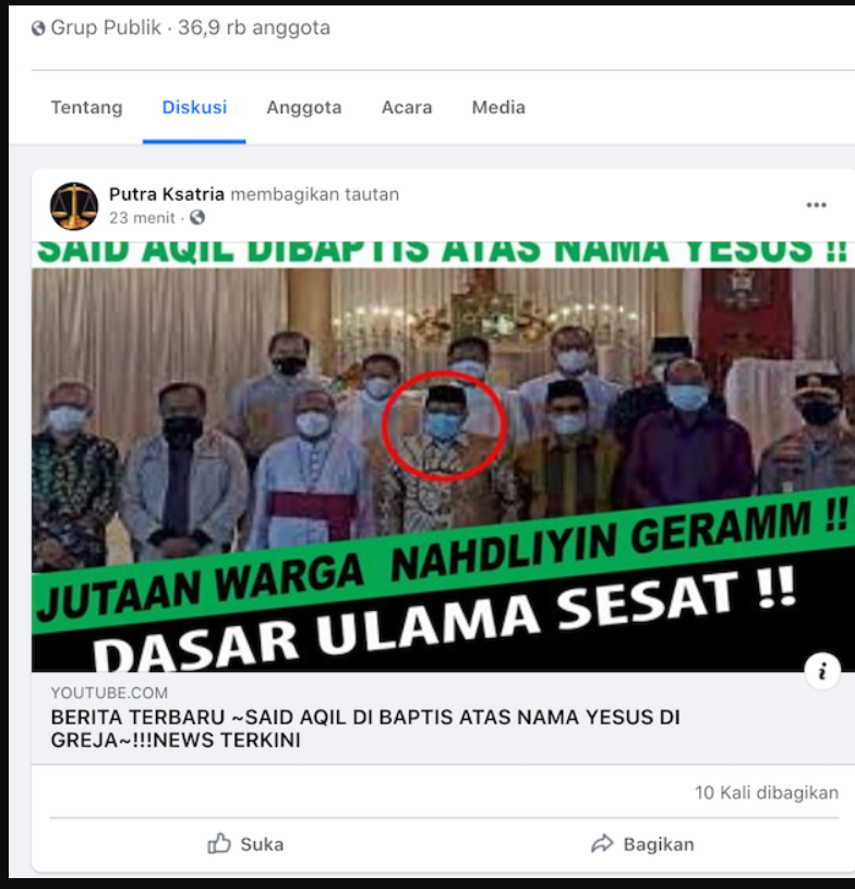 Tangkapan Layar Facebook yang Mengklaim Said Aqil Siradj Dibabtis di Gereja atas Nama Yesus