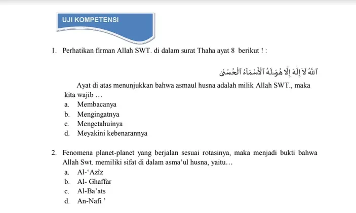 Pembahasan Soal Akidah Akhlak Kelas 7 MTs Halaman 120, 121, 122, Asmaul ...