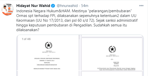 Hidayat Nur Wahid menanggapi keputusan pemerintah untuk bubarkan FPI