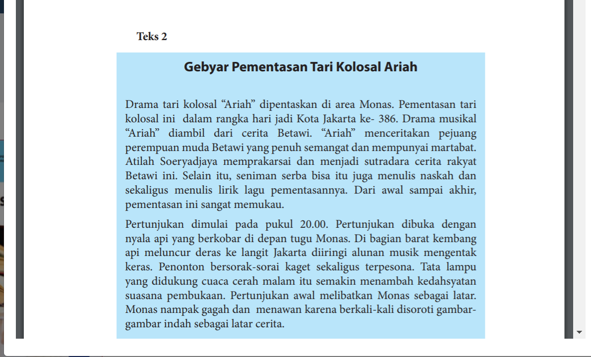 Teks Gebyar Pementasan Kolosal Tari Ariah, kunci jawaban Bahasa Indonesia kelas 7 