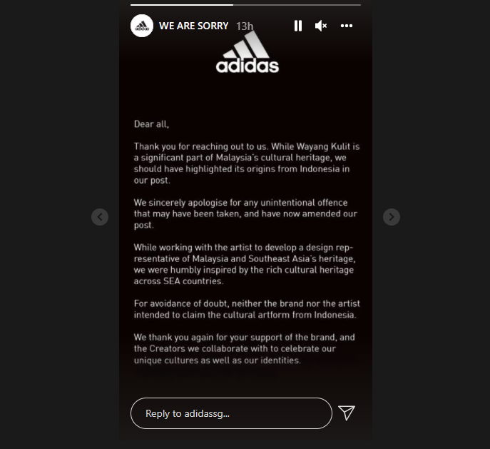 Instastory Adidas yang meminta maaf karena menyebut wayang kulit berasal dari Malaysia.
