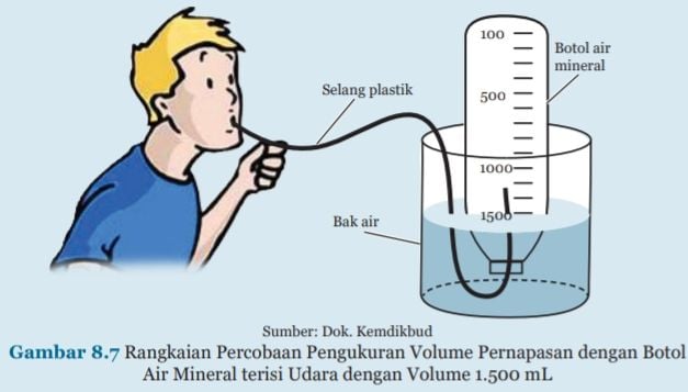 Gambar 8.7 Rangkaian Percobaan Pengukuran Volume Pernapasan dengan Botol Air Mineral terisi Udara dengan Volume 1.500 mL.