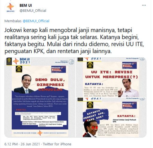 Tangkapan layar unggahan BEM UI perihal Jokowi The King of Lip Service.