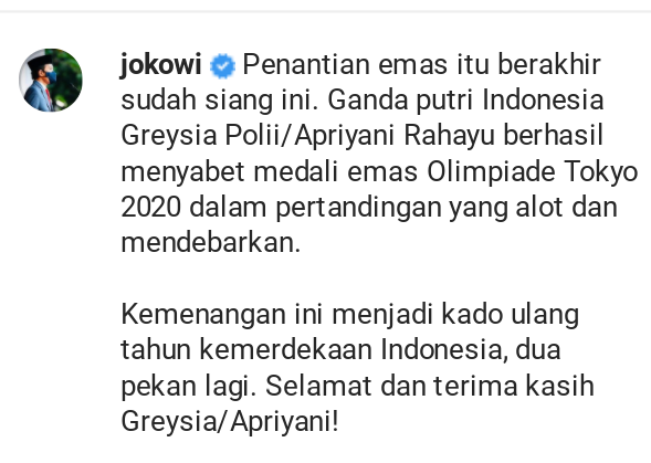 Presiden Jokowi ucapka selamat kepada Hreysia Polli dan Apriyani Rahayu