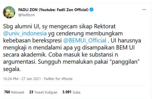 Tangkapan layar cuitan Fadli Zon mengomentari rektorat universitas yang memanggil pengurus BEM UI perihal poster digital Jokowi The King of Lip Service.