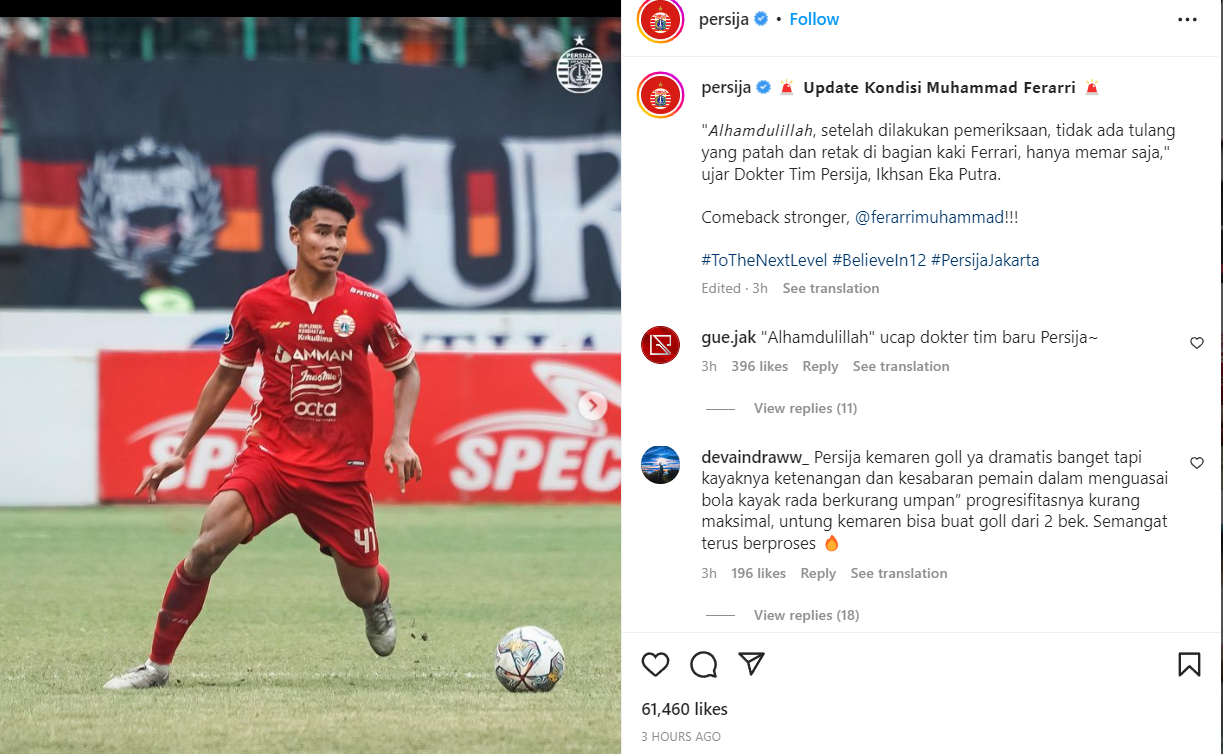 Update Kondisi Muhamad Ferrari Setelah Ditekel Mantan Seniornya di Persija Saat Laga Lawan Bali United