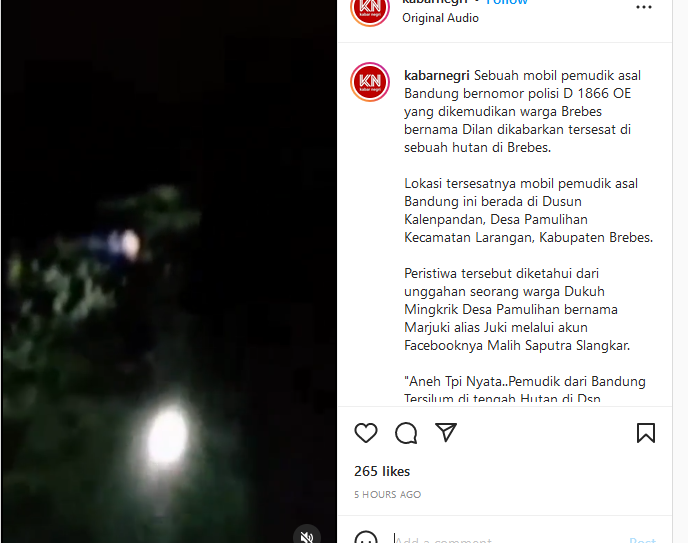 Video viral yang menampilkan mobil tersesat di tengah hutan diduga di Brebes.