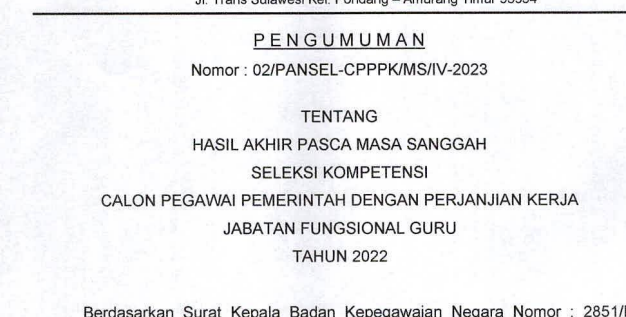 Pemerintah daerah atau pemda berikut ini sudah mengumumkan pengumuman pasca sanggah seleksi PPPK guru 2022.