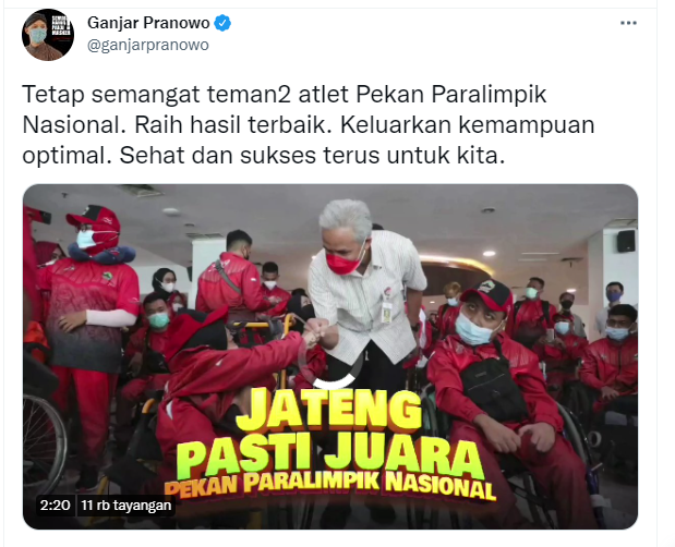 Ganjar Pranowo memberikan semangat kepada Para Atlet yang akan mengikuti Pekan Paralimpik Nasional (Peparnas) di Papua.