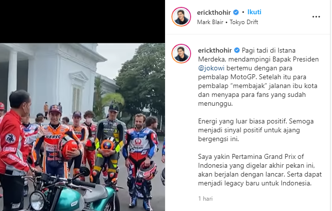Erick Thohir sangat yakin bahwa Pertamina Grand Prix of Indonesia yang digelar akan lancar