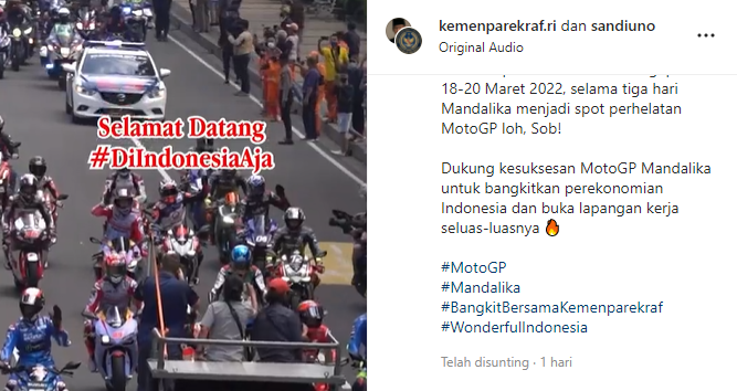 Kementerian Pariwisata dan Ekonomi Kreatif Organisasi Pemerintah (Kemenparekraf), mengucapkan selamat datang kepada para pembalap MotoGP