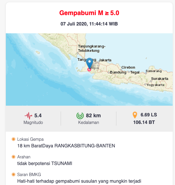 Breaking News Gempa M 5 0 07 Juli 2020 11 44 14 Wib Di Rangkas Bitung Terasa Di Jakarta Zona Banten