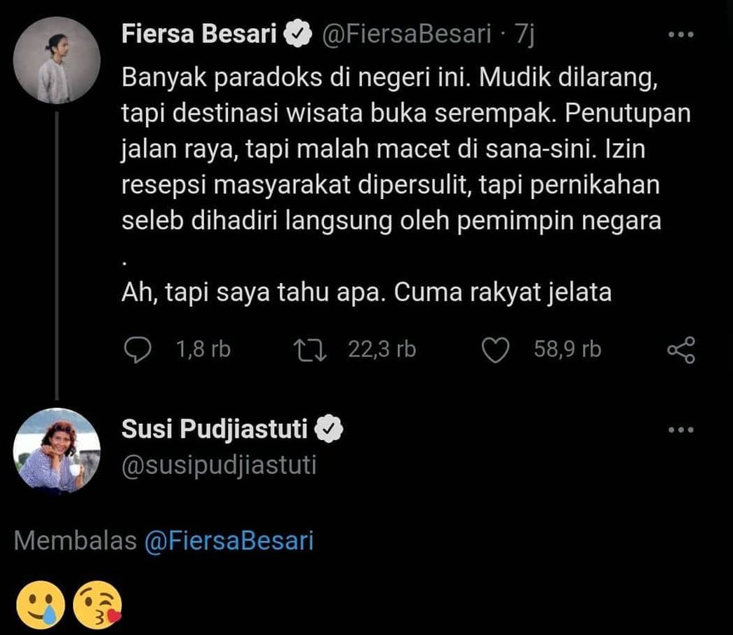 Screenshot tweet Fiersa Besari yang dibalas oleh Susi Pudjiastuti