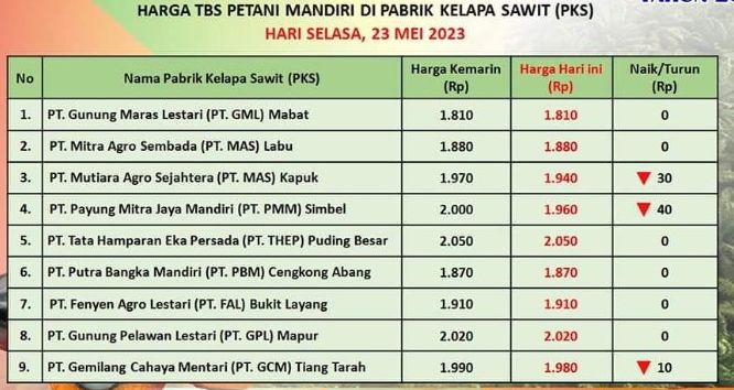 Harga TBS sawit Kabupaten Bangka ditingkat PKS