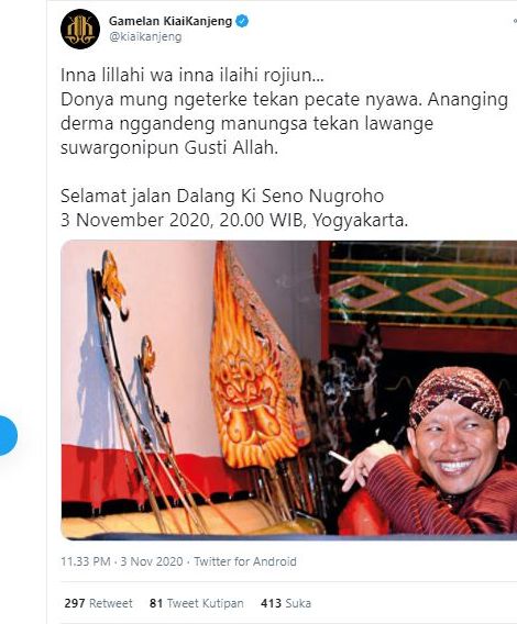 Dalang Kondang Asal Yogyakarta Ki Seno Nugroho Meninggal Dunia