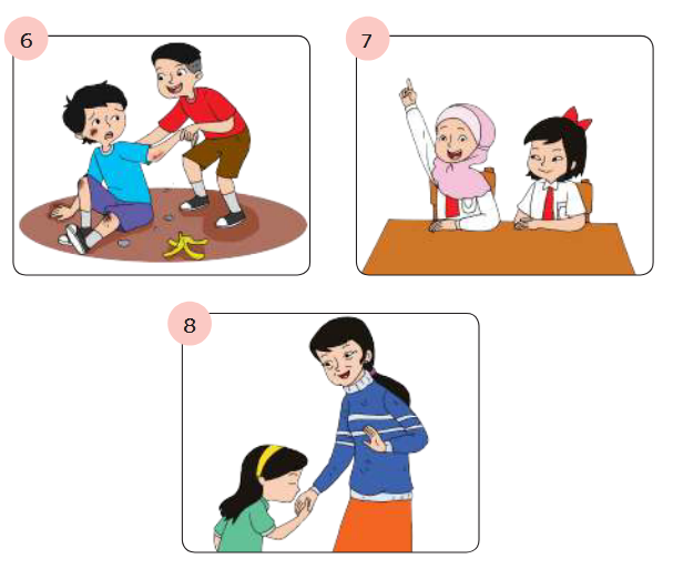 Gambar nomor 6-8, sikap dan perilaku yang mencerminkan sila kesatu dan kedua Pancasila - Buku Tema 1 Kelas 6 SD MI Kurikulum 2013.