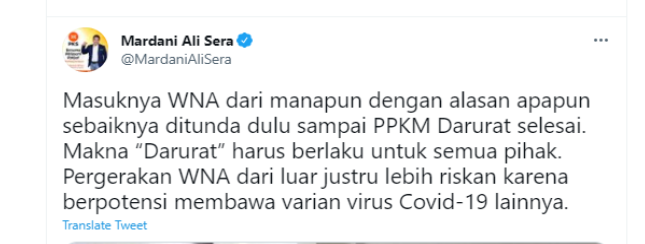 Cuitan Mardani Ali Sera terkait kabar TKA yang masuk ke Indonesia saat PPKM Darurat.