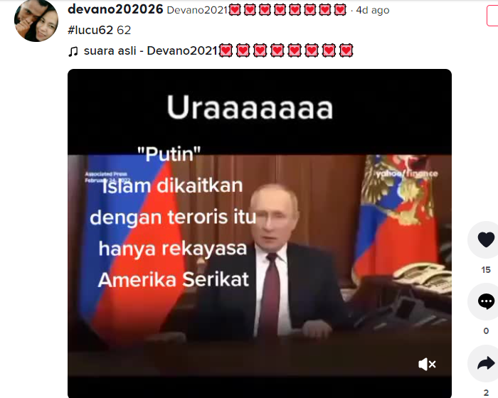 Unggahan klaim Presiden Rusia Vladimir Putin menuntut Menteri Agama Indonesia, Yaqut Cholil Qoumas, untuk meminta maaf kepada umat Muslim Indonesia adalah hoax.