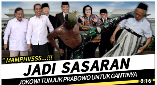 Thumbnail video yang mengatakan bahwa Presiden Jokowi telah resmi tunjuk Menhan Prabowo Subianto gantikan Ma'ruf Amin jadi Wapres