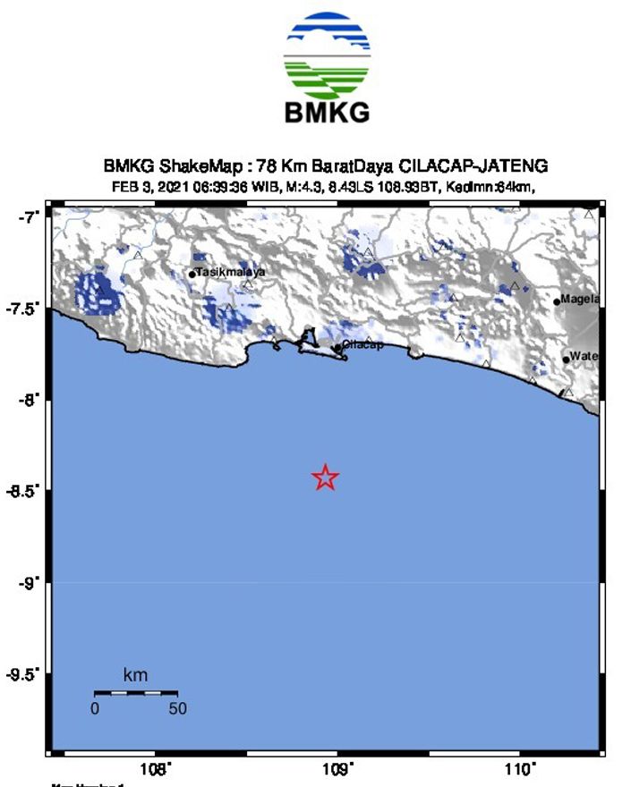 Bmkg Terjadi Gempa Bumi Magnitudo 4 3 Hari Ini 3 Februari 2021 Di Barat Barat Daya Cilacap Jawa Tengah Deskjabar