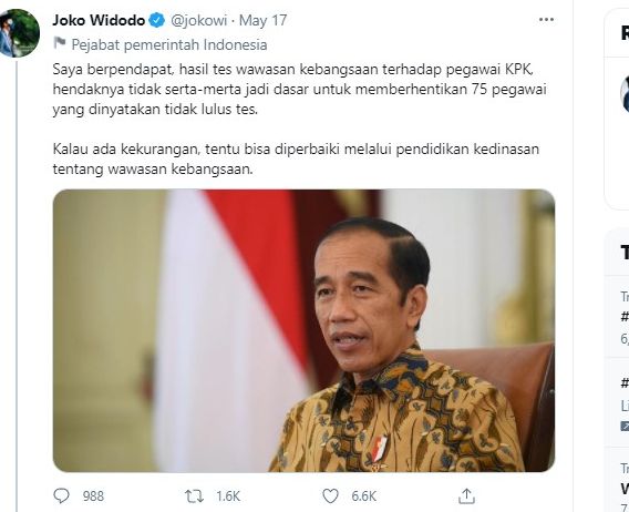 Pendapat Jokowi di Twitter soal TKW KPK