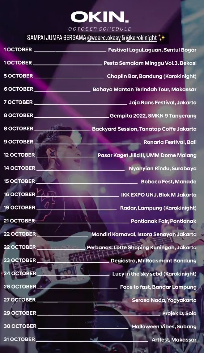 Jadwal Konser Okaay Oktober 2022 di Jakarta, Malang, Yogyakarta, Lampung, Bali, Pontianak, Bandung, Makassar
