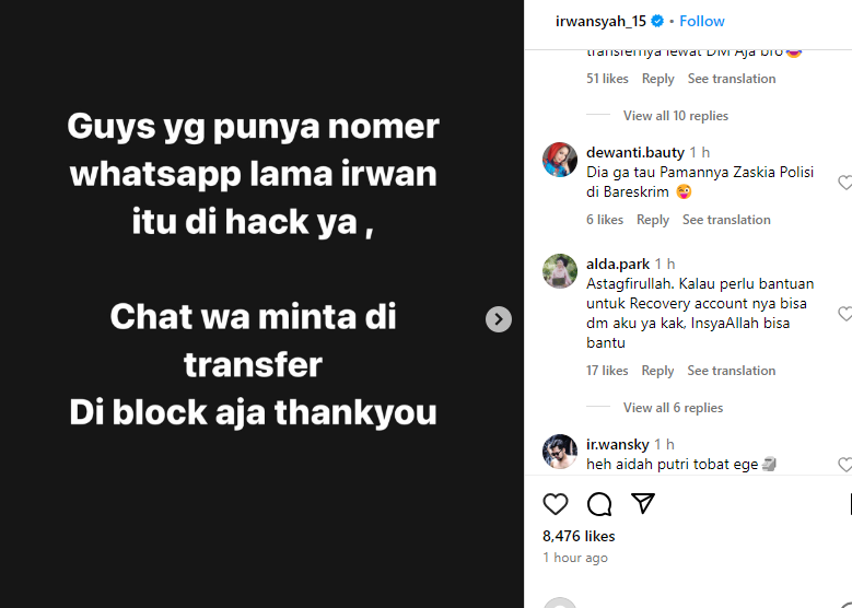 WhatsApp dan Facebook Irwansyah di-hack.