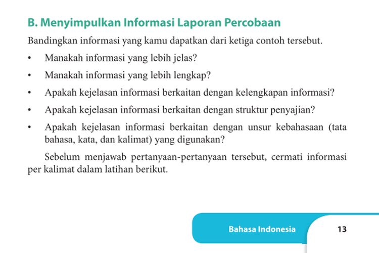 Kunci Jawaban Bahasa Indonesia Kelas 9 Halaman 13, Bagian B Menyimpulkan Informasi Laporan Percobaan - Ringtimes Bali